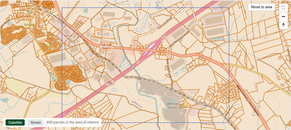 Tax-parcel map of the Hog Mountain area of interest at I-85 and US 129