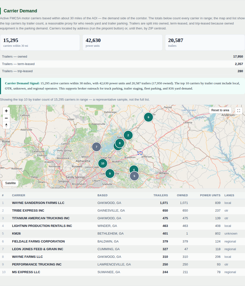 Map of the top 10 motor carriers by trailer count within 30 miles of Hog Mountain
