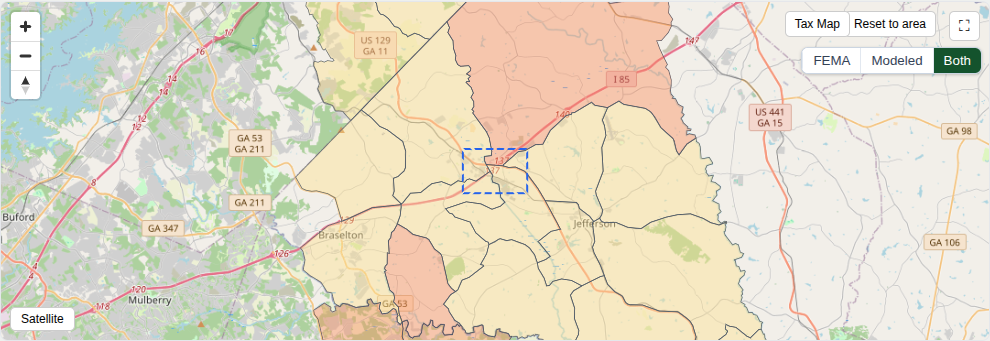 FEMA flood zone map of the Hog Mountain area of interest, showing A and AE Special Flood Hazard Areas along the creek corridor