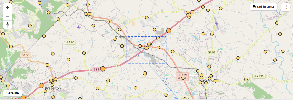 Map of GDOT AADT count stations around the I-85 / US 129 interchange at Hog Mountain, showing the 58,900 and 54,100 I-85 mainline counts flanking the screened area