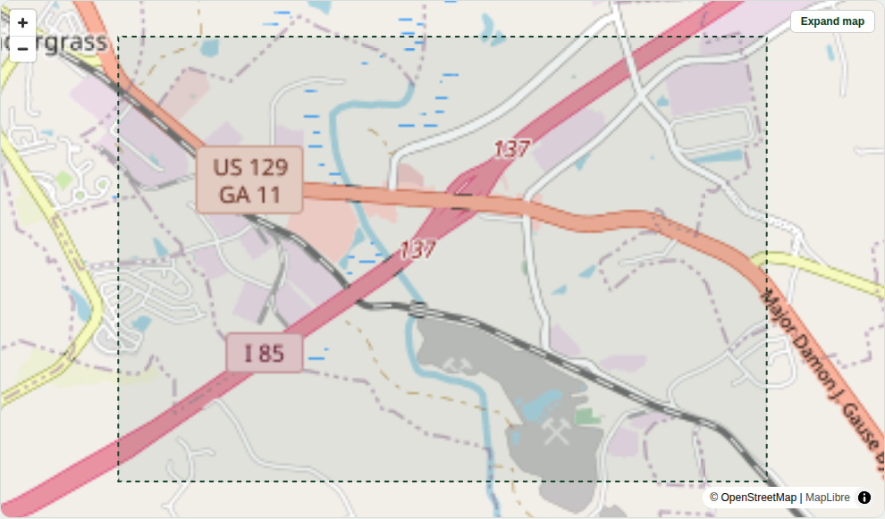 Regional map showing Hog Mountain at the I-85 / US 129 interchange near Jefferson, Georgia